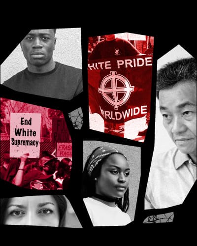 A collage of people of color, a protest sign that says "End White Supremacy," and a white pride logo.