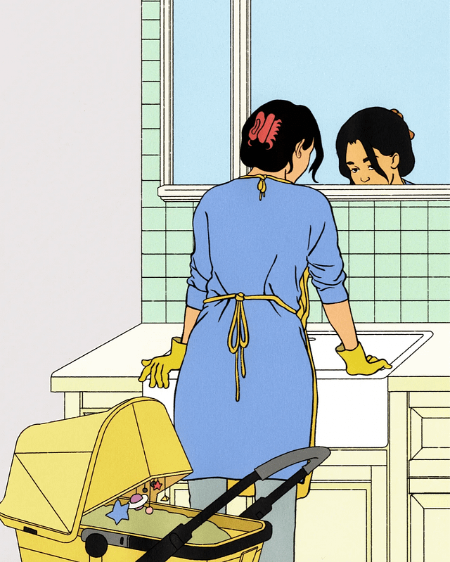 A New Yorker illustration showing a young asian woman looking in the mirror with a stroller behind her