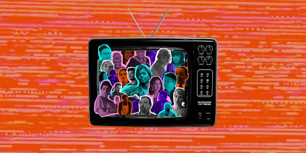 Red background with TV in the middle with prominent faces.