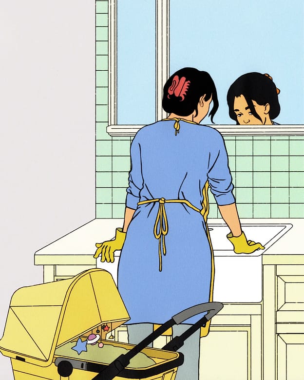 A New Yorker illustration showing a young asian woman looking in the mirror with a stroller behind her