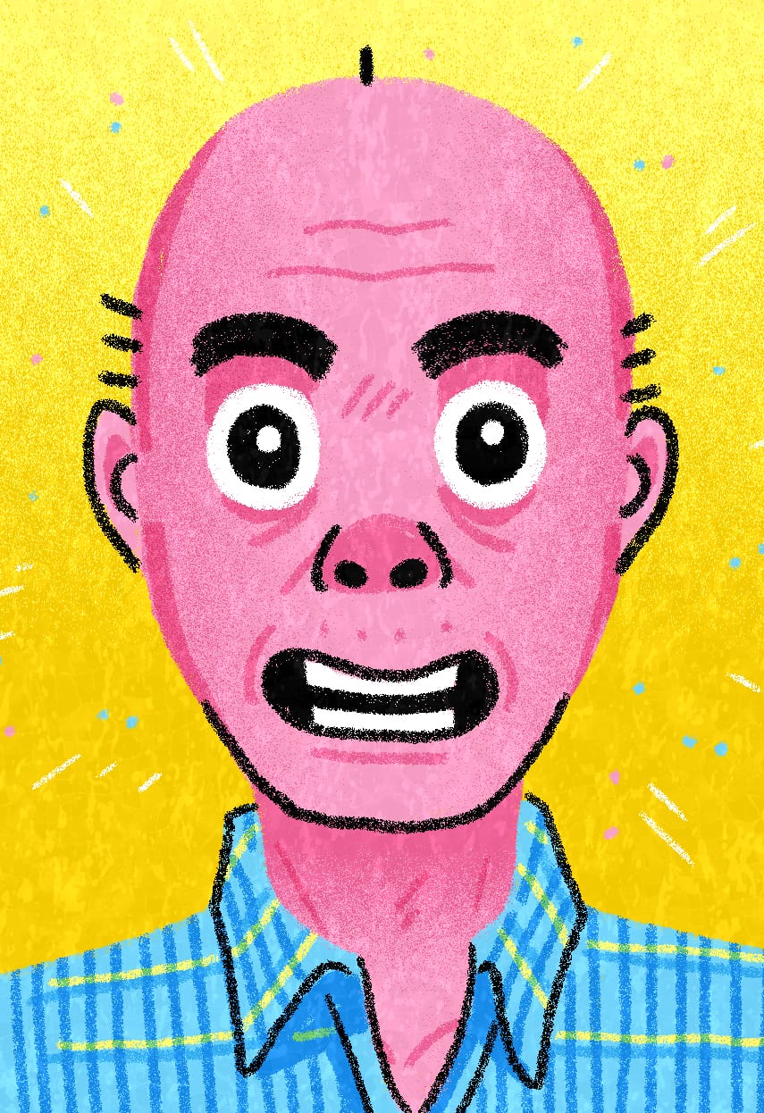 An illustration of GB Tran, wearing a plaid blue and yellow shirt. His skin is dark pink, and he is smiling with open eyes and thick eyebrows. He has one strand of hair on top of his head and three on either side. He is standing against a golden background with a sprinkle of blue and pink dots and white streaks, indicating movement.